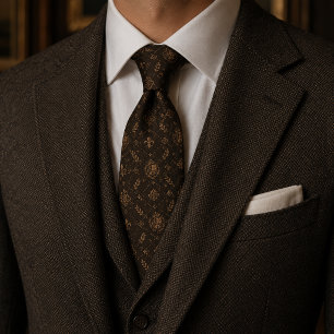 Corbata Dinero Antiguo Marrón Oscuro Dorado Fleur de Lis H