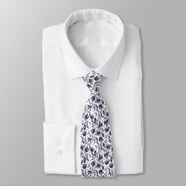 Corbata Diseñador floral moderno mona gris y blanco (Atado)