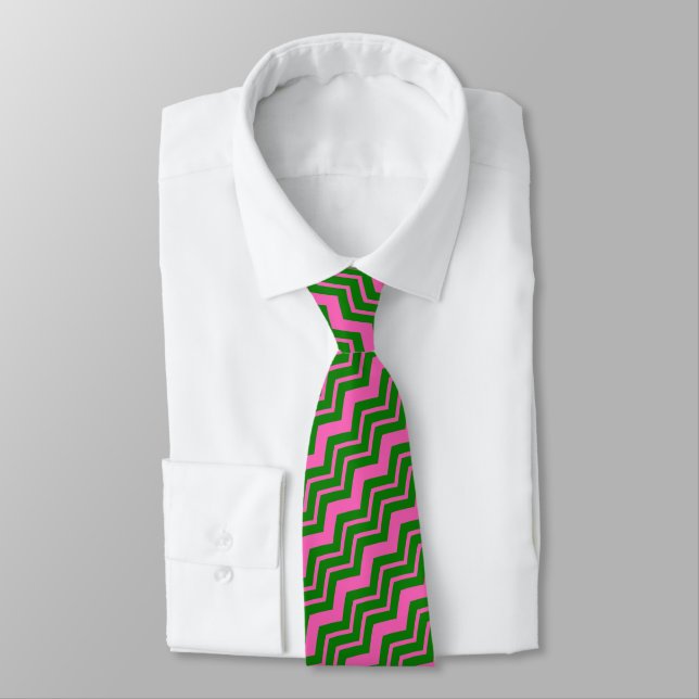 Corbata Diseño de Chevron Zigzag Verde Rosa (Atado)