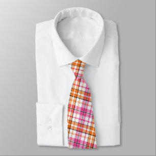 Corbata Diseño de cuadros escoceses blanco rosa naranja