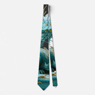 Corbata Diseño de fantasía artística del dragón verde dora