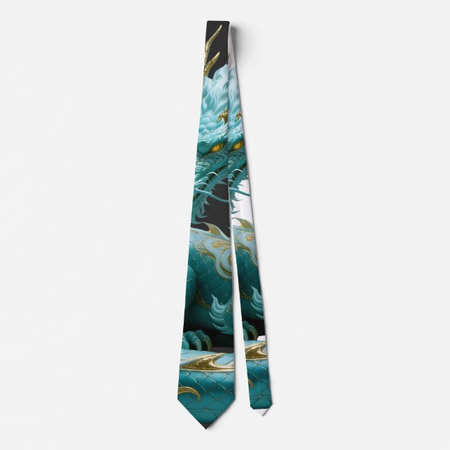 Corbata Diseño de fantasía artística del dragón verde dora (Anverso)