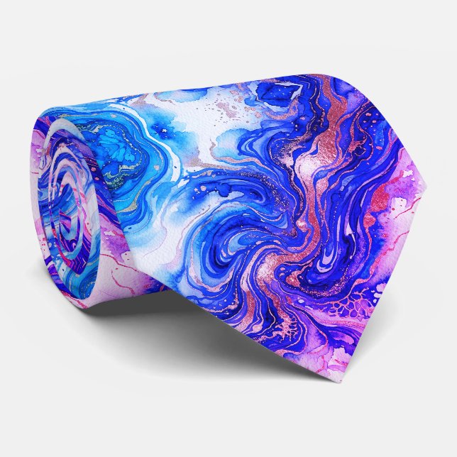 Corbata Diseño de Mármol Rosa Azul de Arte Fluido Abstract (Enrollado)