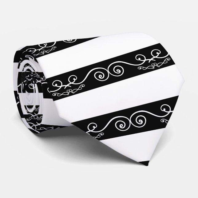 Corbata Diseño de monograma rayado blanco negro (Enrollado)