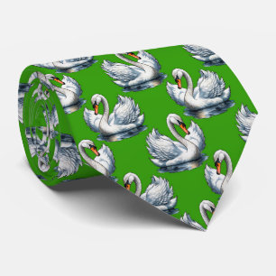 Corbata Diseño de patrón de cisnes sobre verde