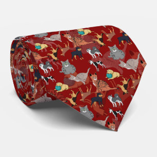 Corbata Diseño de patrón de gatos y perros en rojo