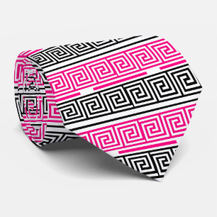Corbata Diseño de patrón de llave griega con franja rosa,