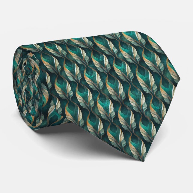 Corbata Diseño de patrón geométrico Art Deco en verde azul (Enrollado)