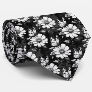 Corbata Diseño de patrones de flor de mariposa - Negro