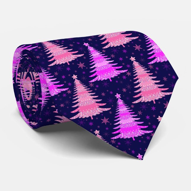 Corbata Diseño del patrón azul rosado del árbol de Navidad (Enrollado)