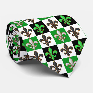Corbata Diseño Fleur-de-lis de Green Black White Checkered