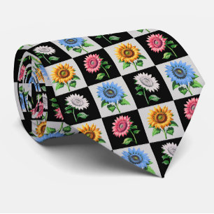 Corbata Diseño floral de girasol multicolor a cuadros