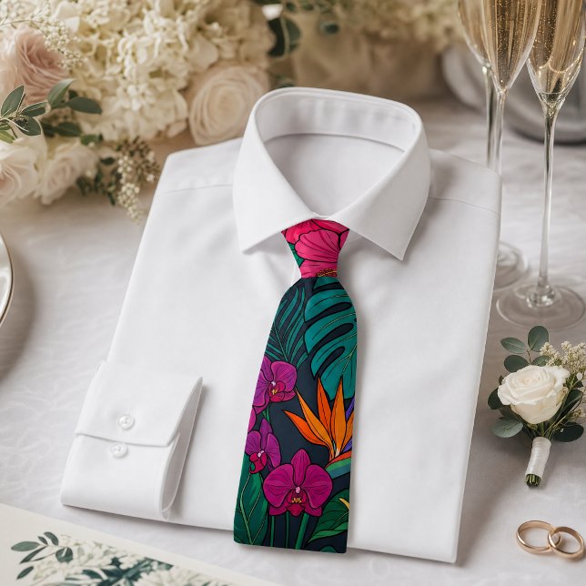 Corbata Diseño Floral Tropical | Hibisco y Follaje (weddingtie #tropicaltie #giftformen #giffordad #tropical #floraltie #greenerytie #summertie)