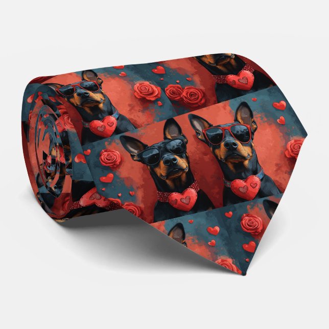 Corbata Doberman Con Corazón Rosas Día de San Valentín (Enrollado)