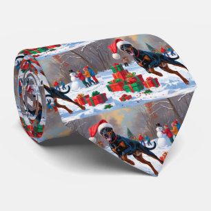 Corbata Doberman corriendo en la nieve con sombrero de Nav