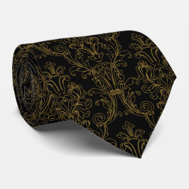 Corbata Dorado Contorno Floral Damasco Formal Negro