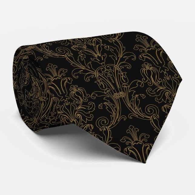 Corbata Dorado Contorno Floral Damasco Formal Negro (Enrollado)