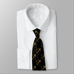 Corbata Dorado falso brillo purpurina patrón de ancla negr