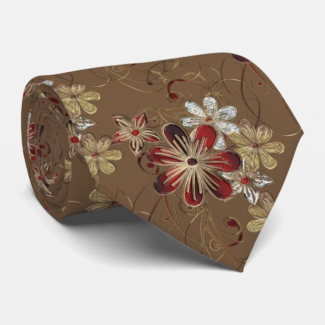 Corbata Dorado y floral roja (Enrollado)