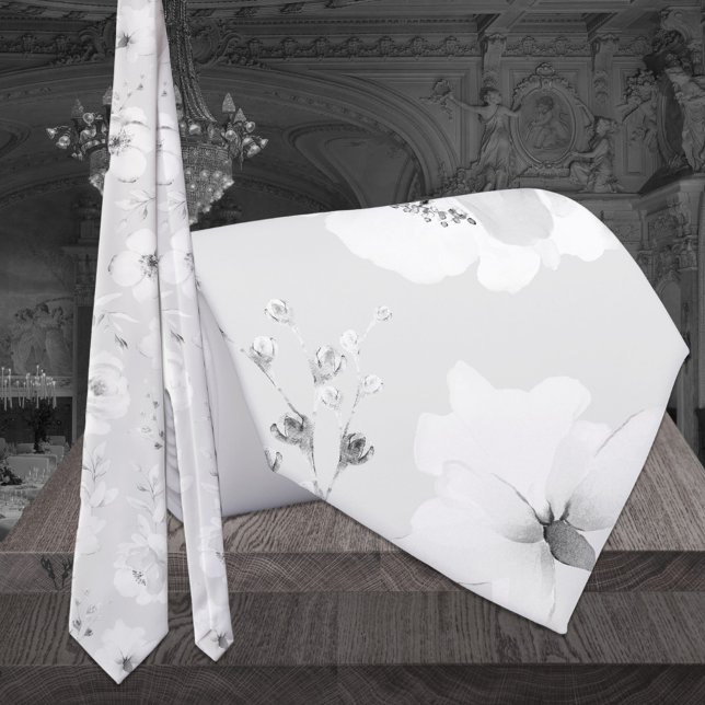 Corbata Dove Grey On White Garden Peony Boda Necesario (Subido por el creador)