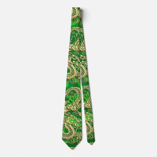 Corbata Dragón de Oro Repujado sobre Satén Verde (Anverso)