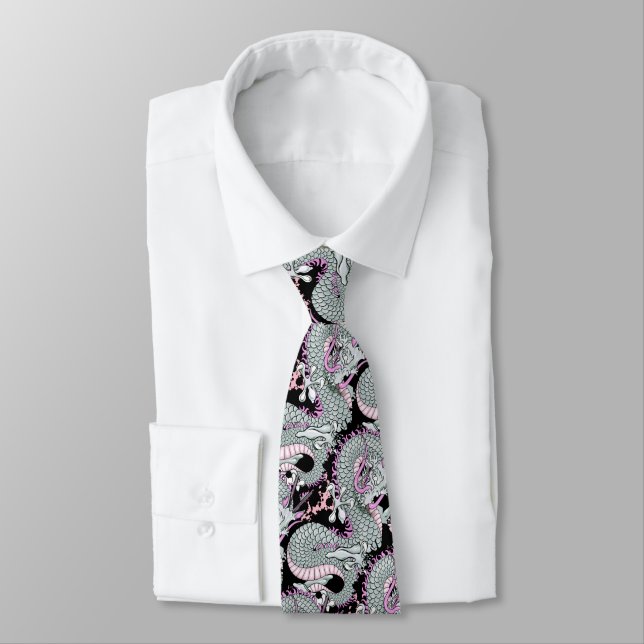 Corbata Dragón de salpicón gris sobre rosado (Atado)