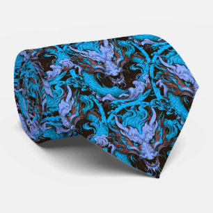 Corbata Dragones asiáticos azules y marrones