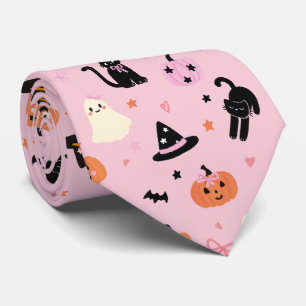 Corbata Dulces Fantasmas Rosados de Halloween Gatos y Cala