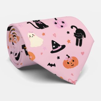 Corbata Dulces Fantasmas Rosados de Halloween Gatos y Cala