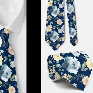 Corbata Dusty Marina Azul acuarela Rosas florales de cuell