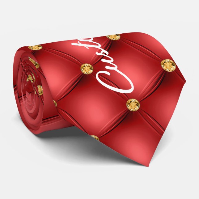 Corbata El Diamante Dorado Tapado Cuello De Cuero Rojo Ama (Enrollado)