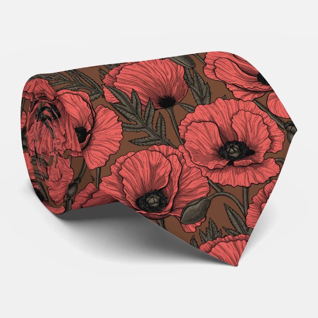 Corbata El jardín de adormidera en coral y marrón (Enrollado)