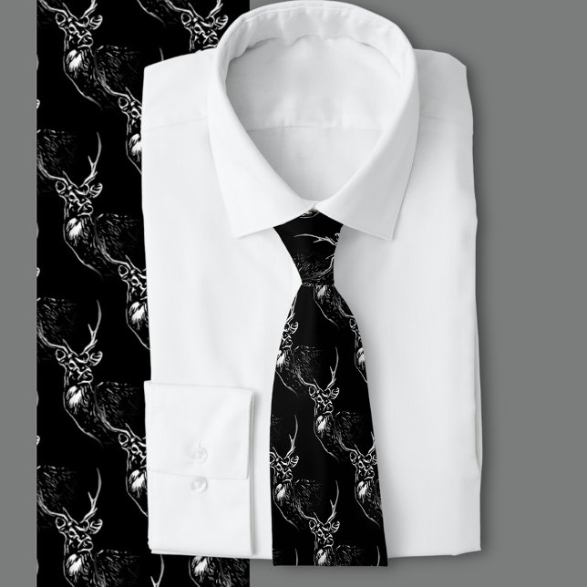 Corbata El Stag (Black and white stag pattern in a block print style)