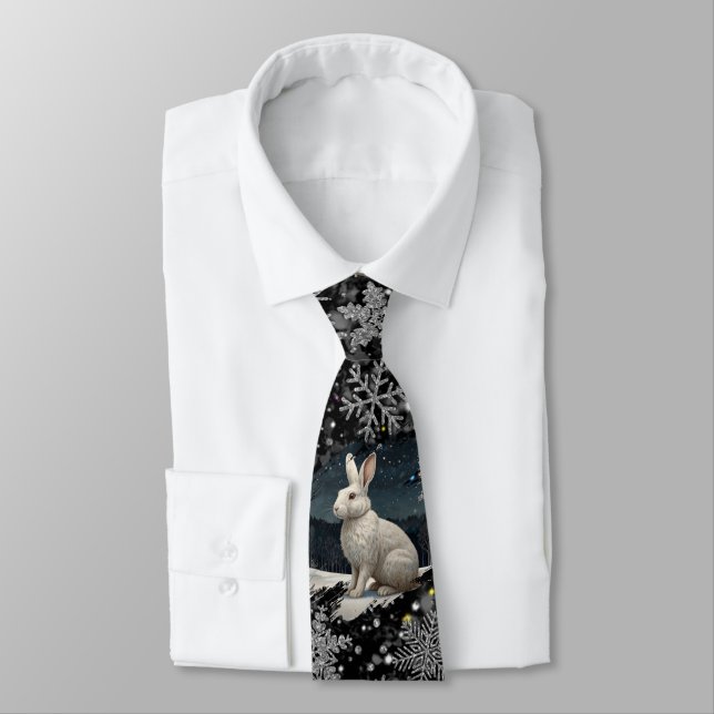 Corbata Elegant Christmas white rabbit silver snowflakes (Atado)