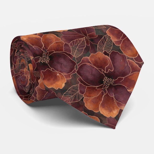 Corbata Elegant Deep Burgundy and Copper Abstract Floral (Enrollado)