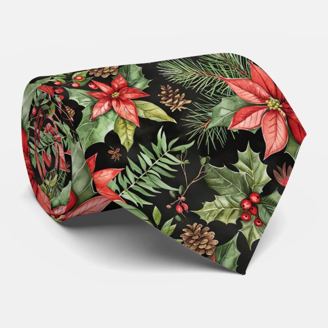 Corbata Elegant Festive Christmas poinsettia Pattern (Enrollado)