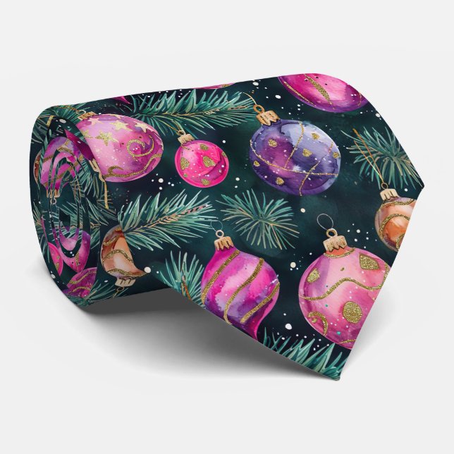Corbata Elegant Festive Pink Christmas Baubles Pattern (Enrollado)