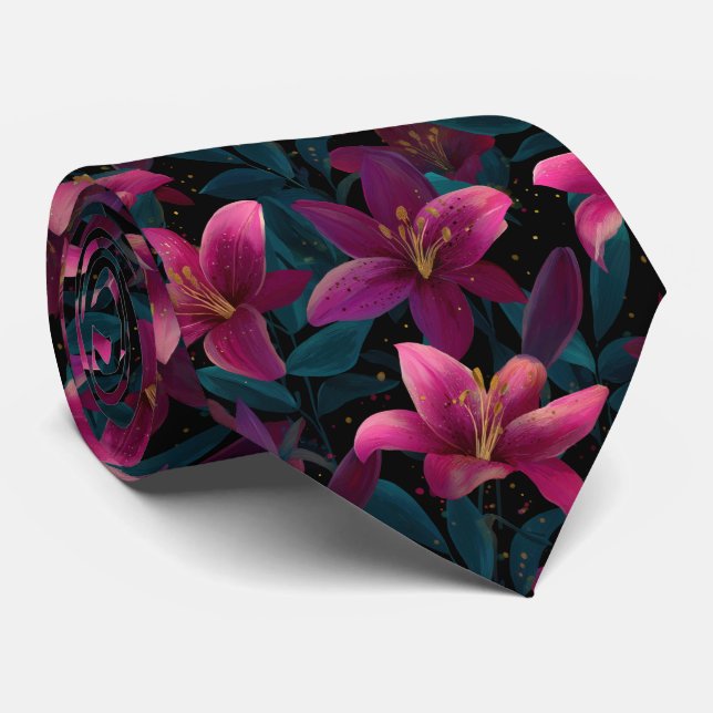 Corbata Elegant Pink Lily Floral Pattern on Black (Enrollado)