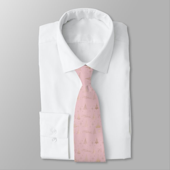 Corbata Elegant Pink W/ Gold Christmas Tree Doodles  (Atado)