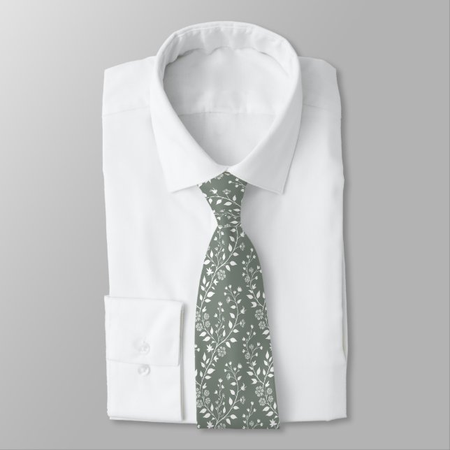 Corbata Elegant Sage Green White Floral (Atado)