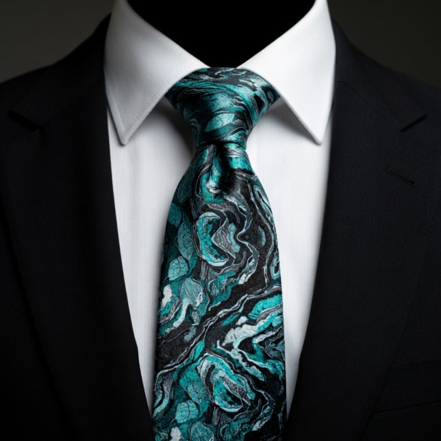 Corbata Elegant Teal & Black Swirl Marble  (Subido por el creador)
