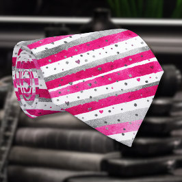 Corbata Elegant Valentine Pink Silver Hearts on Striped