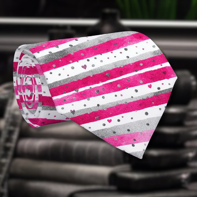 Corbata Elegant Valentine Pink Silver Hearts on Striped (Subido por el creador)
