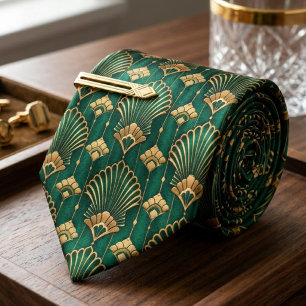 Corbata Elegante Abanico Art Déco Verde Esmeralda y Dorado