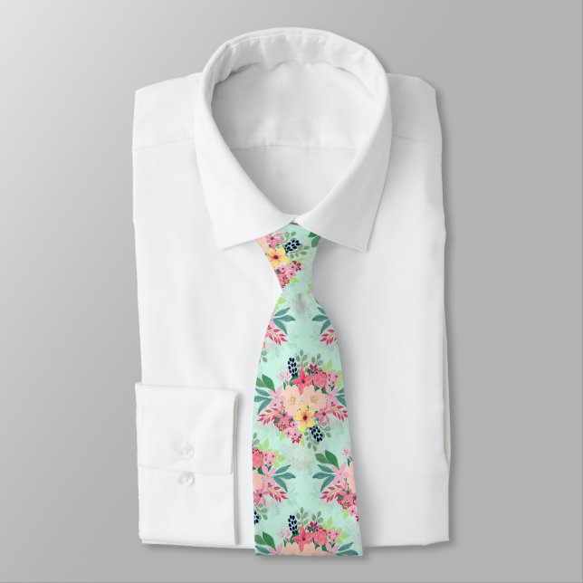 Corbata Elegante acuarela Floral Pintura Mint Girly Diseño (Atado)