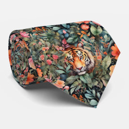 Corbata Elegante acuarela selva floral y tigre