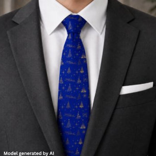 Corbata Elegante azul con doodles de árbol de Navidad dora