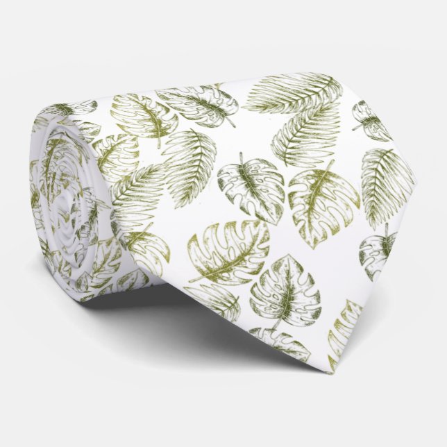 Corbata elegante blanco con hojas verdes (Enrollado)