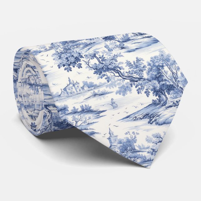 Corbata Elegante Blue Toile Patrón romántico francés (Enrollado)