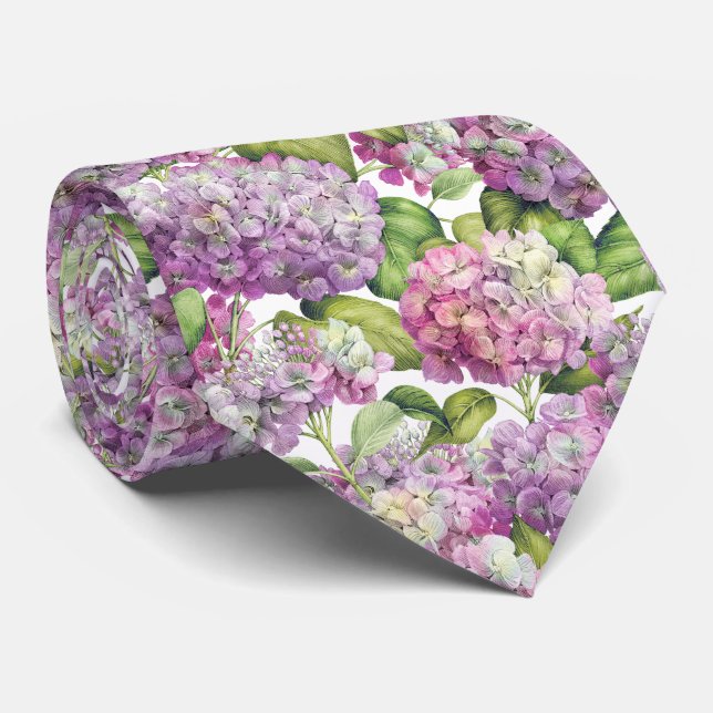 Corbata Elegante Boda De Patrón Floral De Hidrangea Rosa (Enrollado)